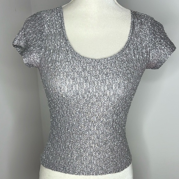 Vintage 90s Y2K Wrapper Textured Shimmer Top Short Sleeve Scoop Neck Blouse - Picture 10 of 11